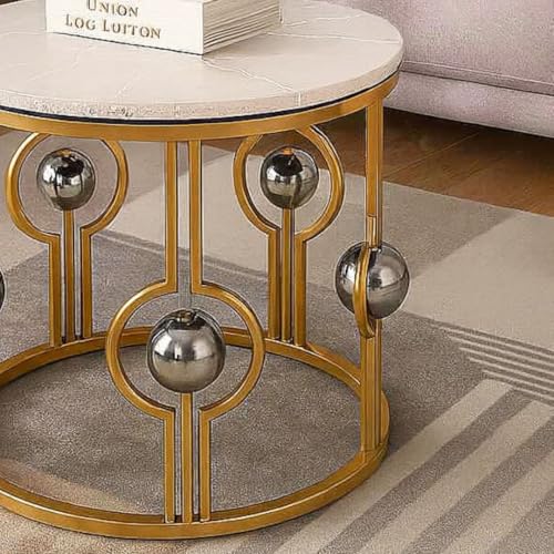 Image of Marble Look Coffee Table, Round Accent Metal Center Table with Golden Metal Golden White