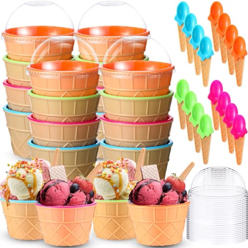Teenyyou 48 Pcs Ice Cream Bowl Set Includes Plastic Ice Cream Bowls with Spoons and Lids 6-8 oz Reusable Frozen Yogurt Bowls Party Favors for Summer Holiday Sundae Birthday Bar Supplies(4 Colors)