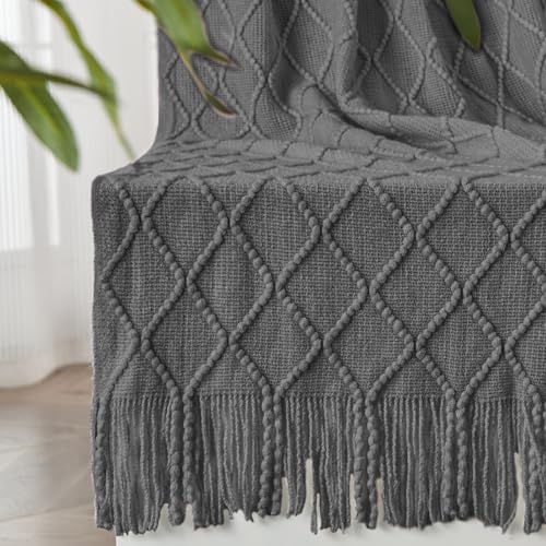 inhand Gestrickte Überwurfdecken für Couch und Bett, weiche, gemütliche Strickdecke mit Quaste, dunkelgrau… – Ansicht 1