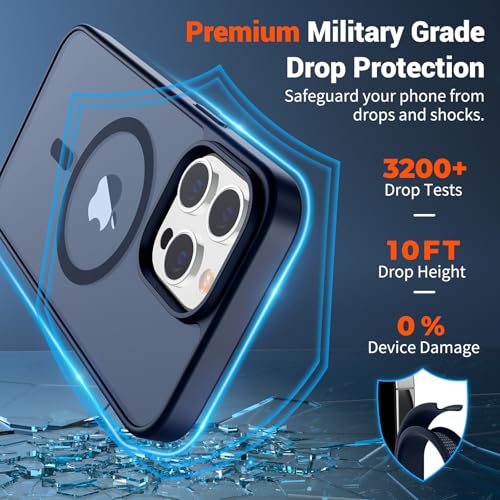 Image of SUPFINE Magnetic for iPhone 13 Pro Max Case with Screen Protector (Compatible with MagSafe) (Military Grade Drop Protection) Translucent Matte Shockproof Phone Cover,Dark Blue