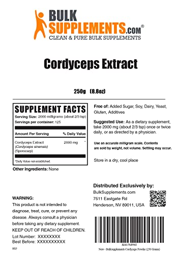 Bulksupplements.com Cordyceps Mushroom Extract Powder - Mushroom Supplement, Cordyceps Sinensis Extract - 2000Mg Of Cordyceps Extract Per Serving, Gluten Free (250 Grams - 8.8 Oz) #TOP1
