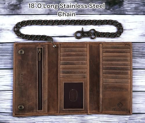 Image of F&L CLASSIC RFID Blocking Mens Tri-fold Long Style Cowhide Leather Steel Chain Wallet,brown distress with skull,212-70