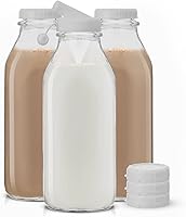 Vista 1 de JoyJolt Botellas de leche de vidrio con tapas y vertedor – 32 onzas, paquete de 3 botellas de vidrio reutilizables, herméticas, sin BPA, de grado