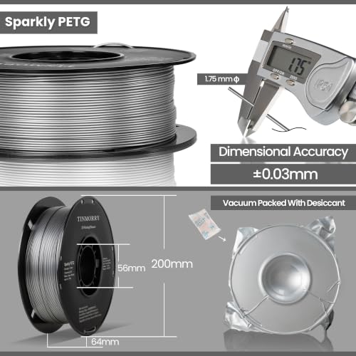 Image of TINMORRY Sparkly PETG Filament 1.75, Rapid PETG 3D Printer Filament, Compatible with Bambu FDM 3D Printer, 1 KG 1 Spool, Sparkly Silver