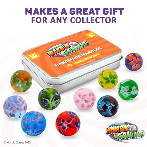 Marble Genius Collectors Marbles, Petals Design, 16mm (⅝ Inch), 10 Handmade Glass Marbles Stocking Stuffers for Marble Lovers, Gifts for Kids Ages 3+