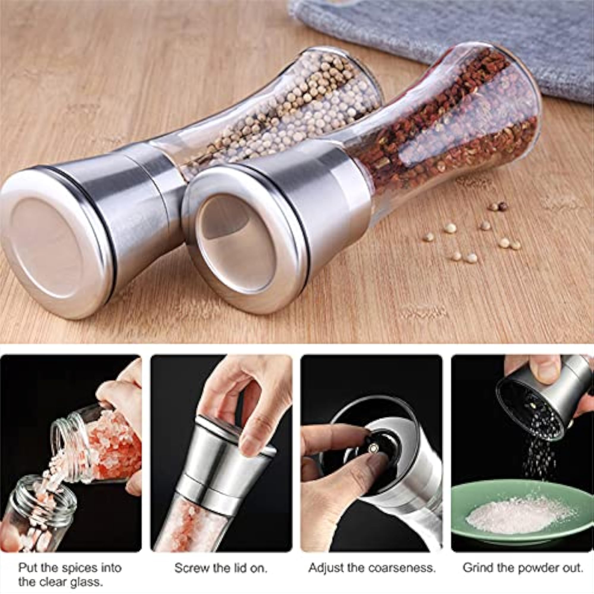 Salt and Pepper Grinder Set Combo with Two Free Spice Jars