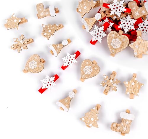 60 Pinzas de Madera,ilauke 7 Estilos Mini Pinzas Decorativas Navidad,4.8cm Clips de Madera Navidad con 10m de Cuerda de Yute,Madera Clips para árbol de Navidad Manualidades y Decoración de Navidad
