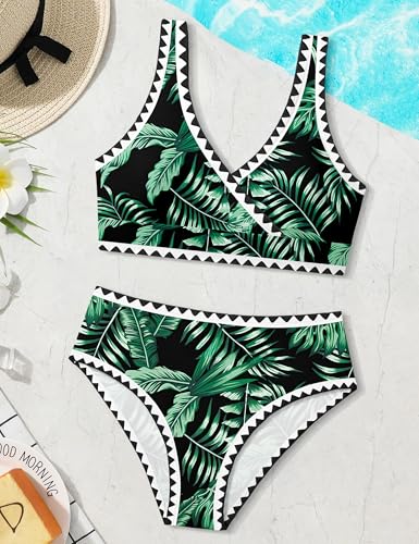 Image of KANGKANG Girls Swimsuit Bikini Set Solid Color V-Neck Two Piece Bathing Suit with Chest Pad Adjustable Straps Swimwear 7-16T
