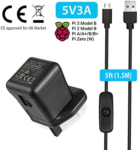 UK Power Adapter for Raspberry Pi 3 Model B B+ Power Supply, 5v 3a Universal USB Wall Charging Adapter Plug with 1.5m Extra Long On Off Switch Micro USB Cable Compatible with iPhone and Samsung