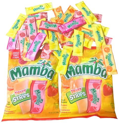 Mamba's- Fruit Strips Bundle, Assorted Flavors with Orange, Lemon, Raspberry and Strawberry, Chewy Candy, 6.3oz each. (Pack of 2)