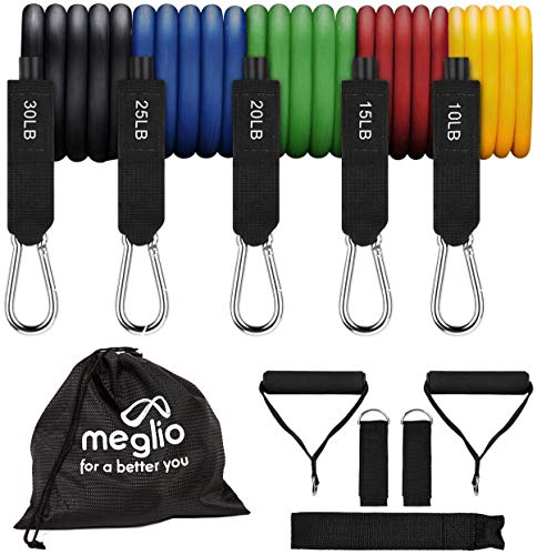 MEGLIO Resistance Bands Set - 5 Tubes with Handles - Premium Fitness Exercise Bands for Fitness Workouts Rehabilitation Yoga Pilates and Strength Training - Includes Exercise Guides