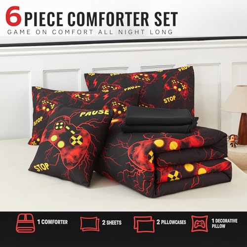 Image of ZRNBAST Gamer Comforter Set Full Size, Red Gaming Bedding Set for Boys, Lightning Game Console Microfiber Bed Sets, 6 Pieces Teen Game Gamepad Bed in a Bag (Red,Full)