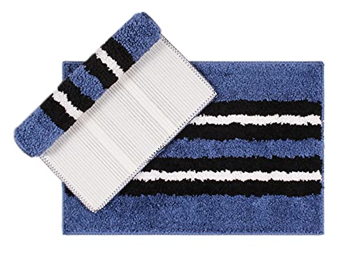 Image of Flooring India Co Bath Mat Super Soft, Anti Slip Stripe Mats (Blue, 38x58 cm) Pack of 1