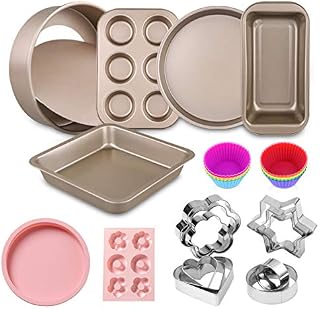 Metallic Nonstick Oven Bakeware Baking Set, Bread Loaf Pan Baking Set with Muffin Tray, Oven Tray, Cake Pizza Pan, Spring Form Cake Tin etc,Perfect Baking Tool (Golden)