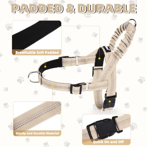 Image of PUPTECK No Pull Dog Harness Small Sized Dog, Adjustable Reflective Pet Vest Harness with Bungee Handle, Escape Proof No Choke Harness for Small Dogs Walking Training, Beige S