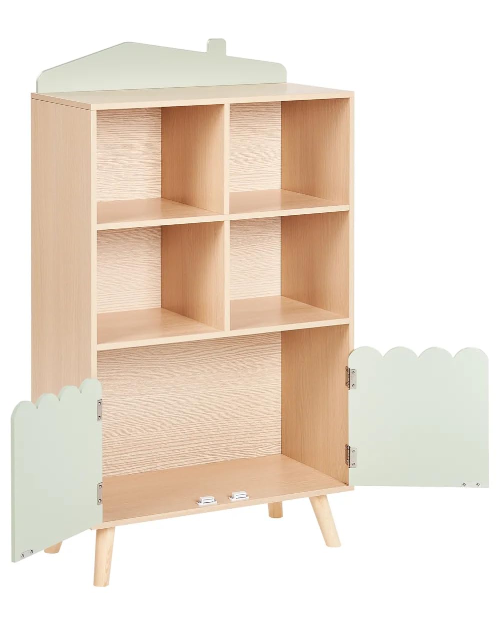 Kinderregal Kinderzimmer, Bücherregal Kinder im Hausdesign mit 4 Fächern und 2 Türen, Spielzeugregal Aufbewahrungsregal aus MDF und Kiefernholz, Kinder Möbel für Bücher Spielzeug und Dekoration