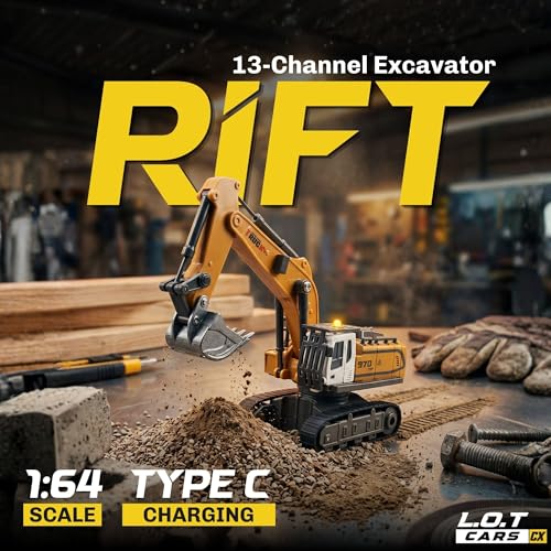 Image of Rift 1:64 Scale Remote Control Construction Vehicle, 13-Channel Excavator Toy for Kids, Rechargeable Engineering Car, Heavy Duty Machine Construction Toy with Lights & Music (Yellow)