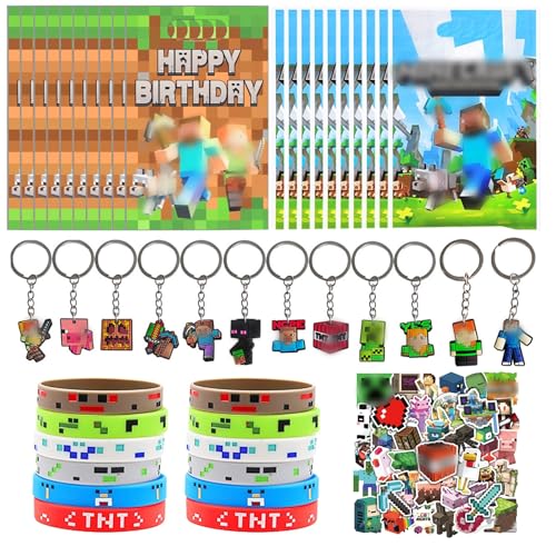 KEVRDRT Jogos de vídeo festa de aniversário crianças presentes, Miner presentes festa para crianças, jogos de vídeo presente de aniversário, porta-chaves autocolantes pulseiras bolsa presente