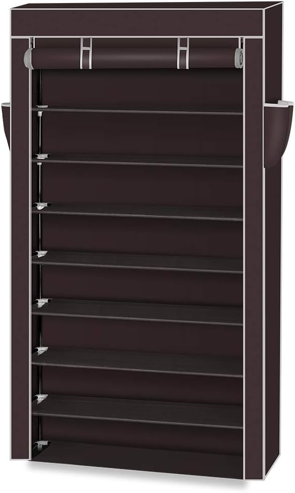 MathRose 10-Tier Shoe Rack 30 Pairs Shoe Tower Closet Shoes Storage Cabinet Portable Boot Organizer with Dustproof Non-Woven Fabric Cover and Shelves (Widen 10 Tiers-Dark Brown)