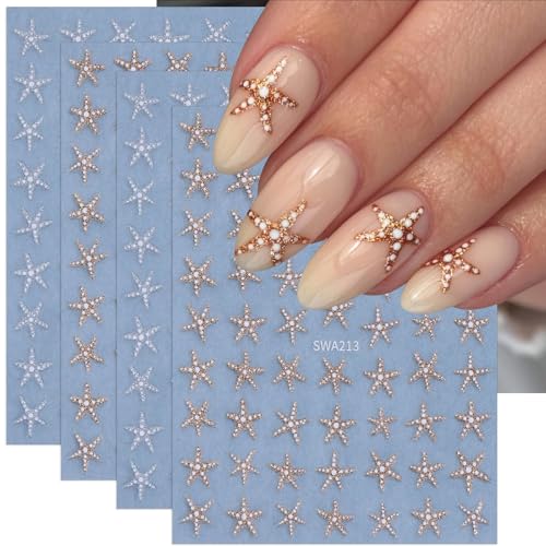 Starfish Nail Stickers Glitter Summer Nail Decals 4PCS Self-Adhesive White Yellow Starfish Nail Design Sticker Ocean Theme Nail Art Supplies Slider Manicure Accessories Starfish Stickers for Women