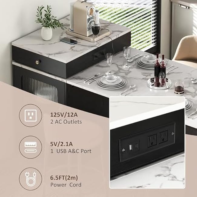 59.5 Kitchen Island with Extendable Dining Table, Double-Sided Storage & Power Outlet, 2 Drawers, Side Open Shelves, Mobile Kitchen Cart for Dining Room,Black-Ea6giKCQ