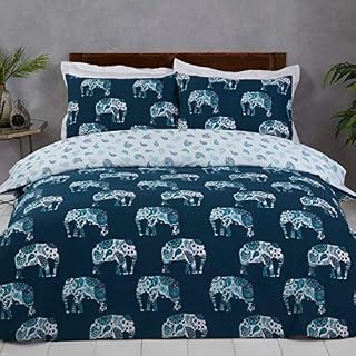 Sleepdown Elephant Teal Blue White Paisley Reversible Soft Easy Care Duvet Cover Quilt Bedding Set with Pillowcases - Double (200cm x 200cm)
