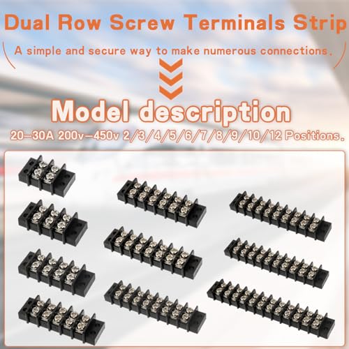 JAMHER 3 Circuits 3 Positions Terminal Block 20-30A 200-450V Dual Row Screw Terminals Strip with 30 PCS Heat Shrink Wire Fork Connectors(Pack of 5pcs)