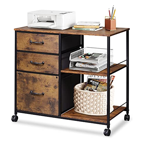 DEVAISE 3 Drawer Mobile File Cabinet, Rolling Printer Stand with Open Storage Shelf, Fabric Lateral Filing Cabinet fits A4 or Letter Size for Home Office, Rustic Brown Wood Grain Print