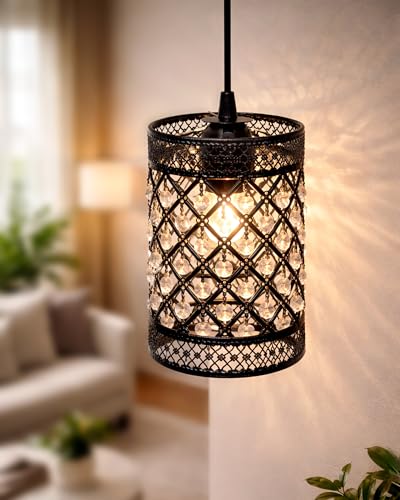 Image of Homesake Moroccan Crystal Hanging Pendant Light, Vintage Metal Jali Ceiling Lamp, Bulb Included for Living Room, Bedroom & Balcony, Warm Ceiling Light, Black Round