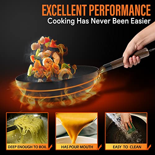 Brbrgo Carbon Steel Wok, 13 Inch Wok Pan With Lid And Cookwares, 5 Piece Woks & Stir-Fry Pans Set, No Chemical Coated Flat Bottom Chinese Woks For Induction, Electric, Gas, All Stoves #TOP2