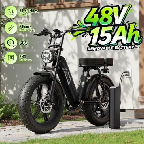 Image of TST Electric Bike for Adults, 1500W Peak Motor 60 Miles Fat Tire Ebike with 48V 15Ah Removable Battery 20 inch Fat Tire Electric Bike, Full Suspension and 7-Speed