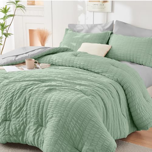 Image of HYMOKEGE Sage Green /Light Grey Full Size Comforter Sets Seersucker 7 Pieces, All Season Luxury Bed in a Bag for Bedroom, Bedding Set with Comforter, Sheets, Pillowcases & Shams