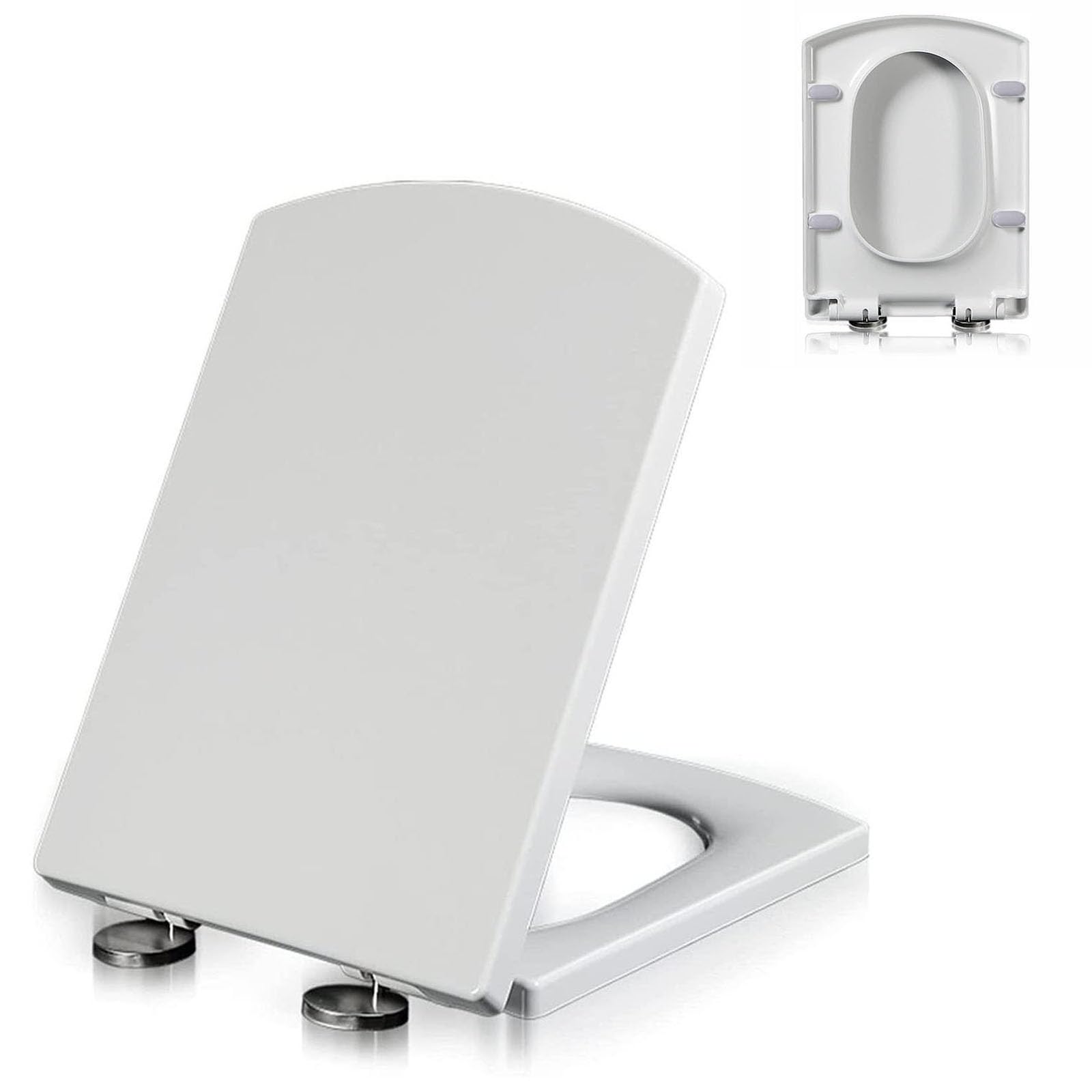 Square Toilet Seat Slow Close, Soft Close Toilet Lid, 360° Adjustable Hinge, Quick Release, Easy to Install and Clean, Polypropylene (PP), White, 03A, 37x47cm