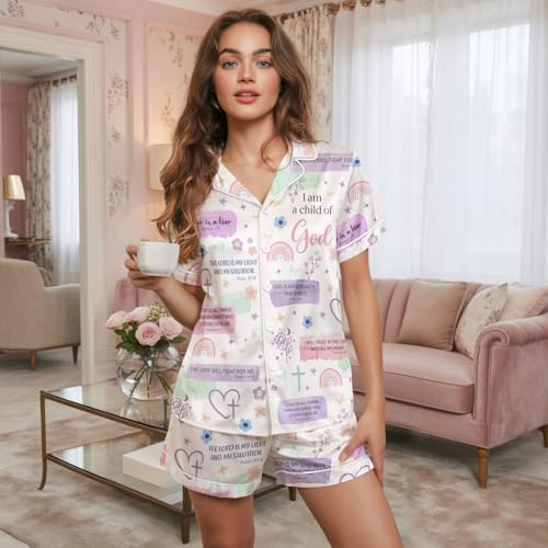 Image of Women's satin pajamas set, Short-sleeve button down Loungewear