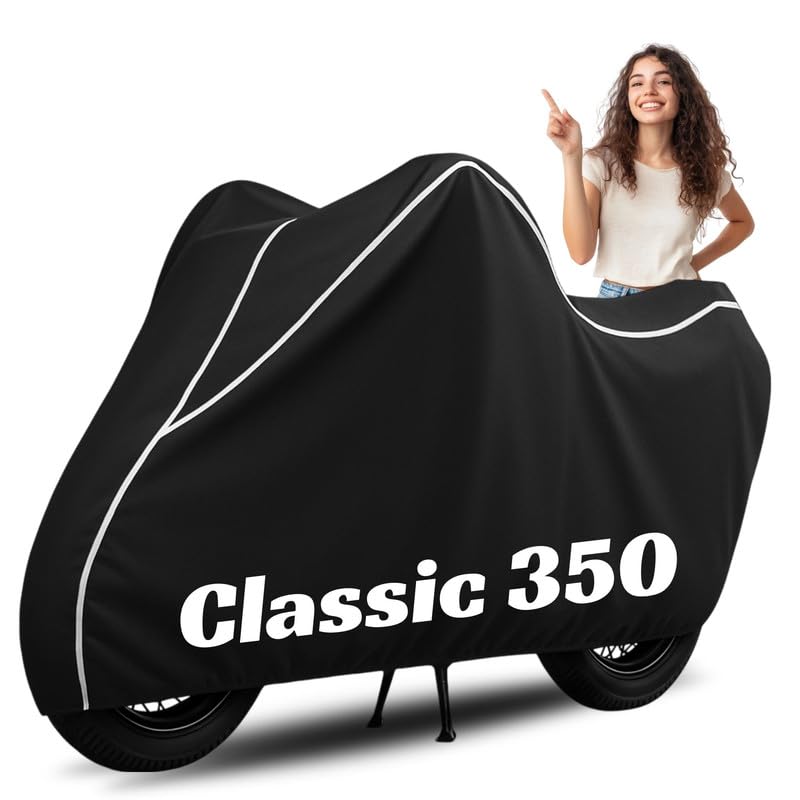 Image of Premium Bike Cover for Royal Enfield Classic 350, Water Resistant, Dustproof, UV Protected, Scratchproof Motorcycle Cover for Outdoor Use, All Weather Protection (Black & White Piping)