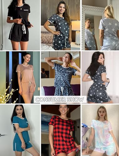 Image of Ekouaer Pajama Set for Women 2 Piece Lounge Set Short Sleeve Tops and Shorts Soft Sleepwear, Chest Pocket