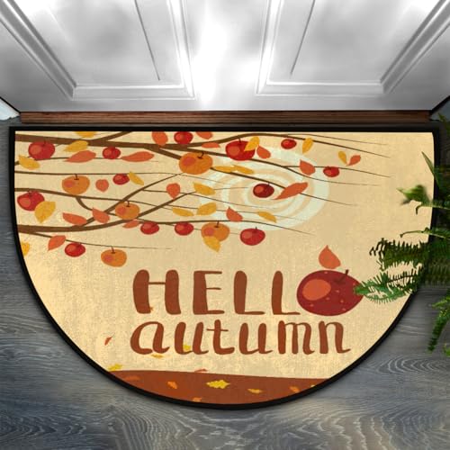 GeMeFv Hello Autumn - Zerbino semicircolare con foglie autunnali e mele, antiscivolo, a mezza luna, per interni ed esterni, cucina, camera da letto, decorazione per la casa