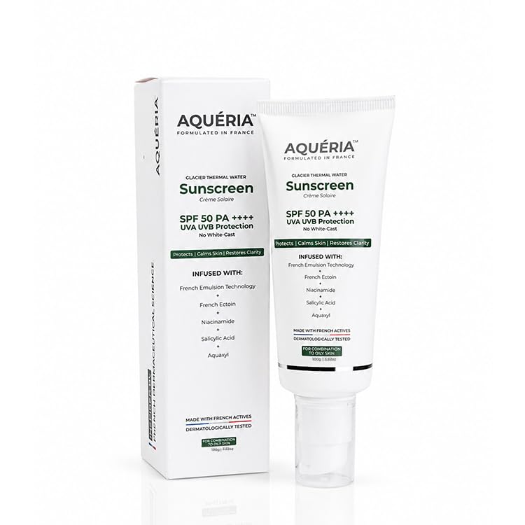Image of Aqueria Oil Control Brightening Gel Multi-Active French Sunscreen SPF 50 PA++++ | In-Vivo /In-Vitro Tested | 2% Niacinamide, BHA & Hyaluronic Acid | Modern UV Filters | Broad Spectrum UVA /UVB & Blue Light Protection | Lightweight, Non-Greasy, No White Cast | Suitable for Daily Use | For Oily, Acne-Prone & Combination Skin | 100g