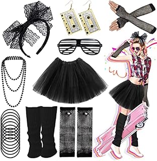 Ronilp 80s Fancy Dress for women,1980s Fancy Party Costume Accessories Set, Tutu Skirt Leg Warmers Necklace Bracelets Fishnet Gloves 80s Lace Bow Headband Tape Earrings Sunglasses