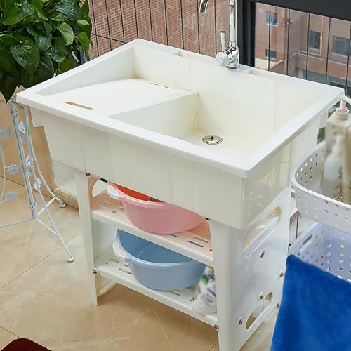Freistehendes Kunststoff-Waschbecken mit Waschbrett, tragbare Wäschewanne für drinnen und draußen, mit Heiß- und Kalthahn, Ablauf-Set und Aufbewahrungsregal für Garage oder Garten