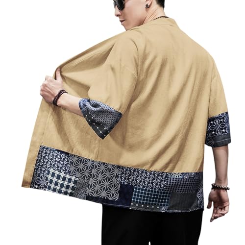 Image of PRIJOUHE Men's Kimono Jackets Cardigan Lightweight Casual Cotton Blends Linen Seven Sleeves Open Front Coat Outwear