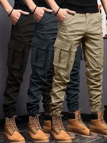 SOLY HUX Men's Cargo Pants Elastic Waist Slim Fit Outdoor Hiking Joggers with Pockets 3 Packs4