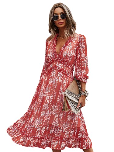 MOPOOGOSS Dresses for Women Casual Summer Autumn Ruffle Elegant Long Sleeve Empire WaistCute Chiffon Boho Beach Hawaiian Tunic Swing A Line Long Maxi midi Skater Dresses for Women 2021 Red X-Large