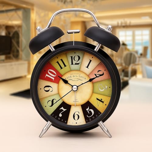 Image of AERYS Vintage Twin Bell Alarm Clock, Analog Display, Night LED Light, Extra Loud Heavy Ringer, Table Clock for Students and Kids Home, Office, Bedroom, Living Room, Home Decor (Black Rainbow Clock)