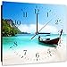 Produktbild Feeby, Wanduhr, mehrfarbige Deco Panel Bild mit Uhr, 30x30 cm, Boot, Wasser, FELSEN, BÄUME, Aussicht, Landschaft, BLAU, GRÜN, BRAUN
