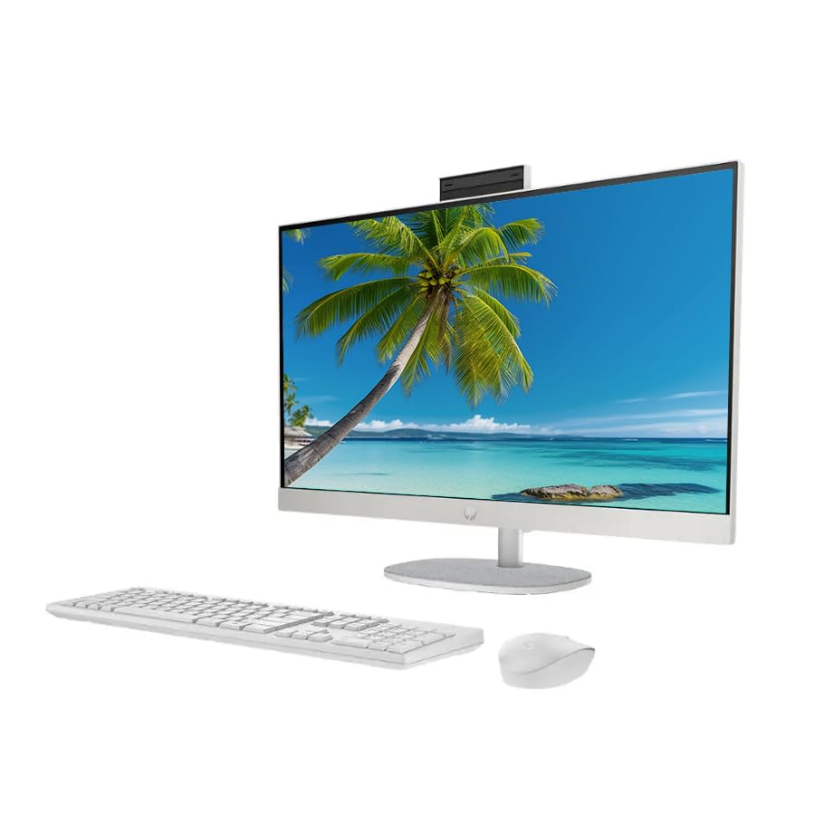 Image of HP 27 inch FHD Touchscreen All-in-One Desktop Computer, Intel 12-Core Ultra 7 Processor, 32GB RAM 1.5TB Storage (1TB SSD+512GB External), Wireless Keyboard & Mouse, Windows 11, PLUSERA Earphones, White