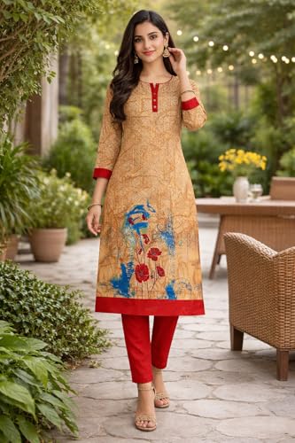 Image of Women's Cotton Blend Unstitched Kurti Set for Women | A-Line Style Dress Material | 2-Piece Traditional Ethnic Wear Suit Fabric