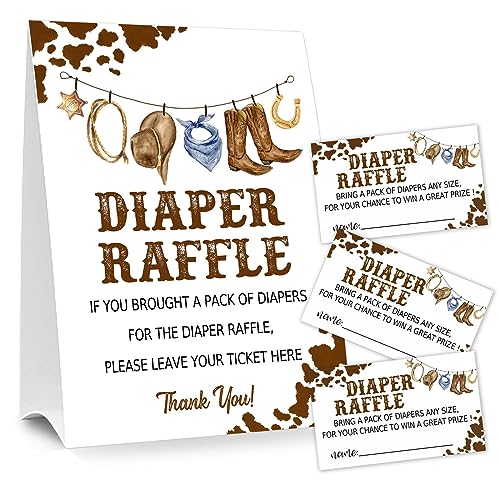 Diaper Raffle Tickets for Baby Shower Game, 1 Standing Sign & 50 Guessing Cards for Baby Shower Party Decoration, West cowboy