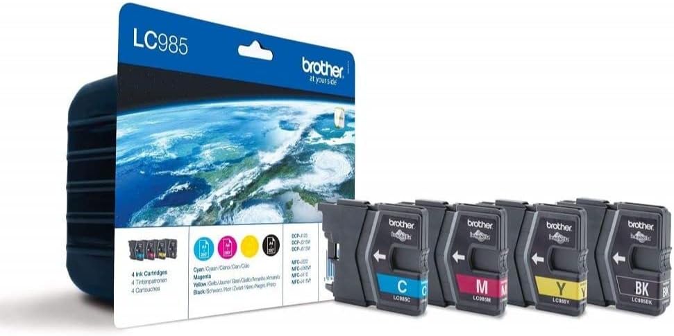 BrotherLC-985BK/LC-985C/LC-985M/LC-985Y Inkjet Cartridges, Black/Cyan/Magenta/Yellow, Multi-Pack, Standard Yield, Includes 4 x Inkjet Cartridges, Brother Genuine Supplies
