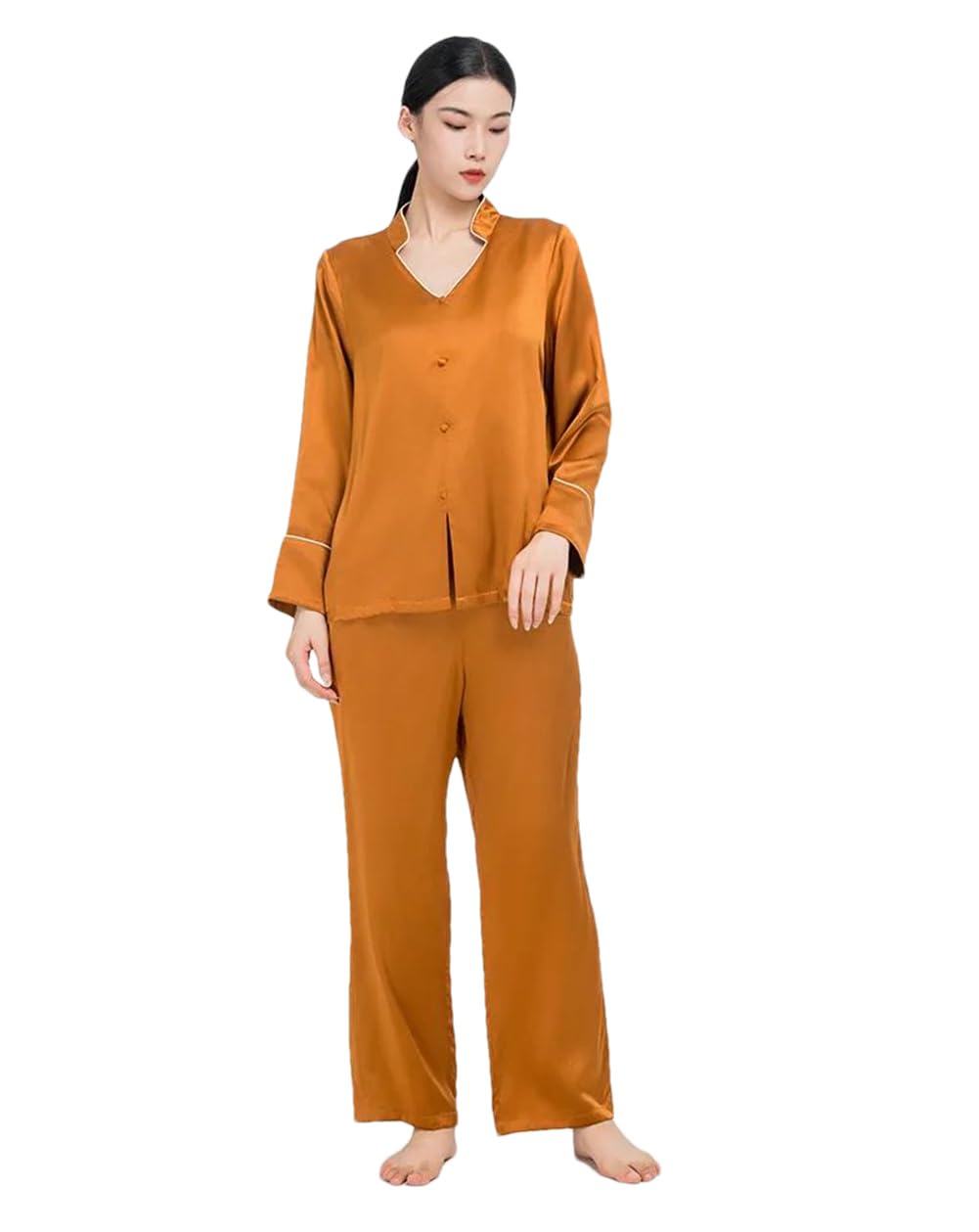 Conjunto de Pijama de Seda, Camisa de Manga Larga con Solapa Abotonada, Top y pantalón, Ropa de Estar por casa de Seda Morera, Amarillo-S,Yellow-S